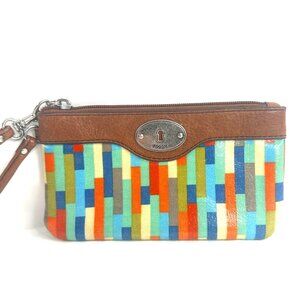 Fossil Multicolor Geo Canvas Medium Wallet Clutch Wristlet Strap Metal Logo